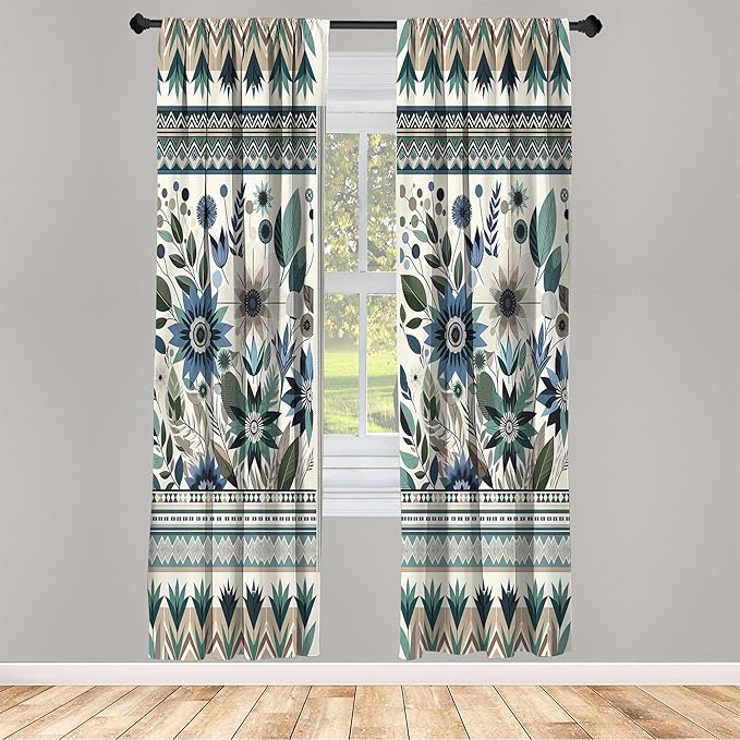 Ambesonne Art Floral Window Curtains Pack of 2, Gentle Flowers and Leaves of Spring Garden with Ethnic Boho Details, Lightweight Set with Rod Pocket, 4 Panels of - 28" x 63", Eggshell Laurel Green
