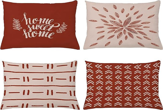 Ambesonne Modern Throw Pillow CushiCase Pack 4, Scandinavian Minimal Ornaments Boho Feather Leaves Home Phrase Print, Modern Accent Double-Sided Digital Printing, 20" x 12", Pale Tan and Dark Rust