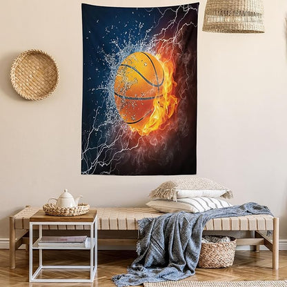 Ambesonne Sports Tapestry, Basketball Ball and Water Splashing Thunder Lightning Themed Design, Wall Hanging for Bedroom Living Room Dorm Decor, 40" X 60", Dark Blue and Burgundy