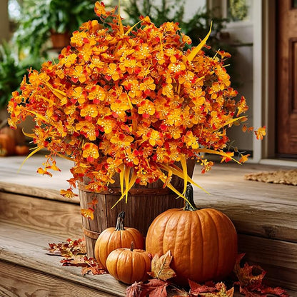 Artificial Mums for Outdoor Fall Flowers - Fake Plants UV Resistant No Fade Faux Plastic Home Decor Garden Porch Patio (1, OrangeMixed)