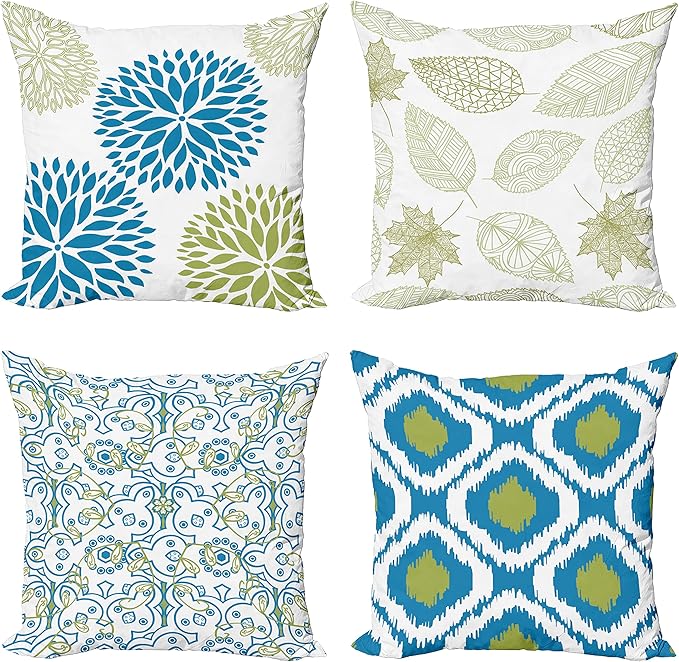 Ambesonne Vintage Throw Pillow Cushion Case Pack of 4, Bohemian Ornamental Leaves Dahlia Pattern Geometric Art Curlicue Motif, Modern Accent Double-Sided Digital Printing, 16", Blue Olive Green White
