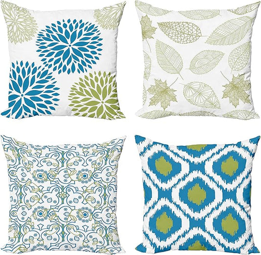 Ambesonne Vintage Throw Pillow Cushion Case Pack of 4, Bohemian Ornamental Leaves Dahlia Pattern Geometric Art Curlicue Motif, Modern Accent Double-Sided Digital Printing, 16", Blue Olive Green White