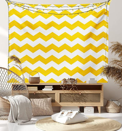 Lunarable Mustard Tapestry Twin Size, Zigzag Pattern Chevron Criss-Crossed Triangle Arrow Style Lines Geometric, Wall Hanging Bedspread Bed Cover Wall Decor, Twin Size, Yellow White