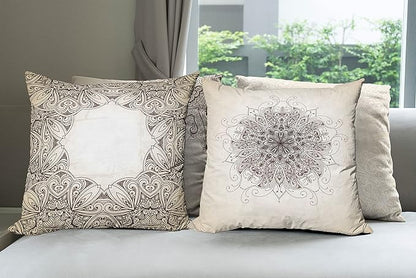 Ambesonne Ethnic Throw Pillow Cushion Case Pack of 4, Mandala Design Cultural Folkloric Motifs Swirling Floral Style Art Illustration, Modern Accent Double-Sided Digital Printing, 20", Eggshell Brown