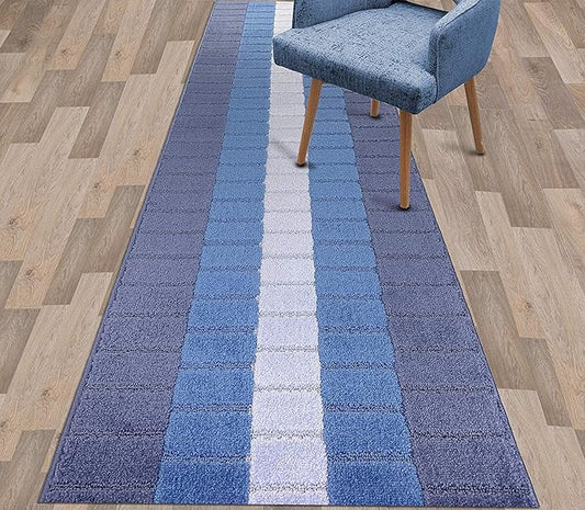 Custom Size Coastal Nautical Style Runner Rug Carpet for Hallway Entryway, Slip Resistant Latex Rubber Backed, 31 inch Wide X Customized Length, Squares Blue, 31 inch X 21 feet