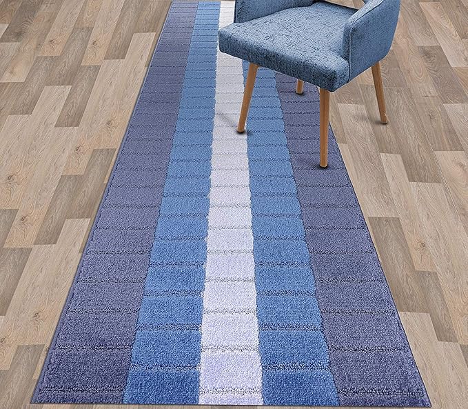 Custom Size Coastal Nautical Style Runner Rug Carpet for Hallway Entryway, Slip Resistant Latex Rubber Backed, 31 inch Wide X Customized Length, Squares Blue, 31 inch X 26 feet
