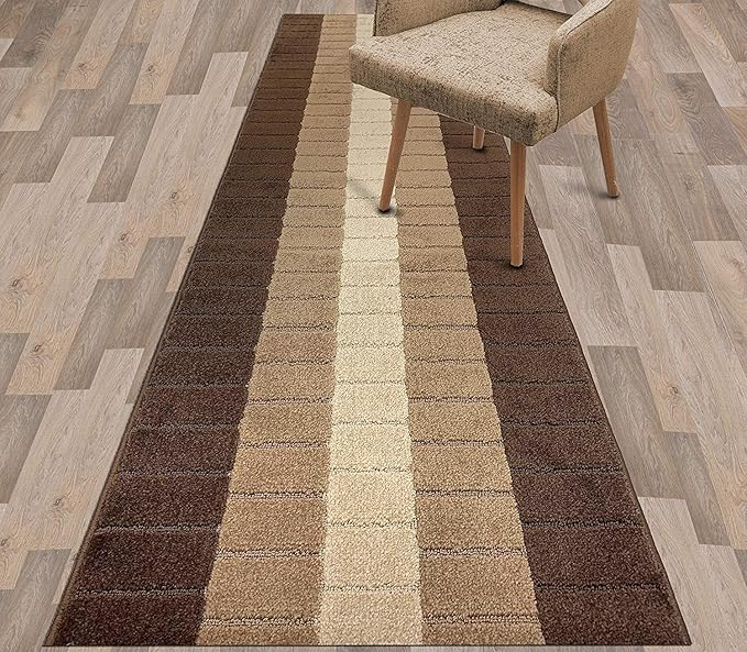 Custom Size Modern Geometric Pattern Carpet Runner Rug for Hallways, Slip Resistant Latex Rubber Backed, 31 inch Wide X Customized Length, Squares Brown, 31 inch X 10 feet