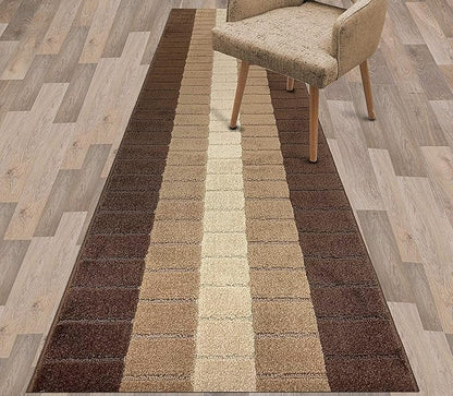 Custom Size Modern Geometric Pattern Carpet Runner Rug for Hallways, Slip Resistant Latex Rubber Backed, 31 inch Wide X Customized Length, Squares Brown, 31 inch X 7 feet