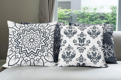Ambesonne Retro Throw Pillow Cushion Case Pack of 4, Trellis Grid Medieval Floral Damask Mandala Flower Ornament in Modern Monochrome, Modern Accent Double-Sided Digital Printing, 20", Dark Slate Blue