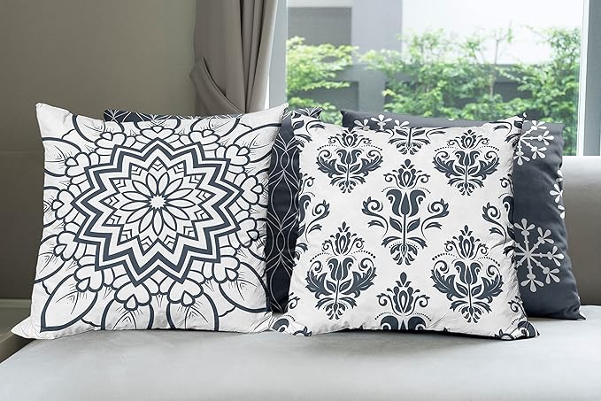 Ambesonne Retro Throw Pillow Cushion Case Pack of 4, Trellis Grid Medieval Floral Damask Mandala Flower Ornament in Modern Monochrome, Modern Accent Double-Sided Digital Printing, 24", Dark Slate Blue