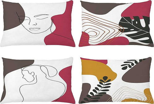 Ambesonne Minimal Throw Pillow CushiCase Pack 4, Modern Line Art Woman Portrait Contemporary Leafy Geometric Details, Modern Accent Double-Sided Digital Printing, 20" x 12", Taupe Dark Pink Amber