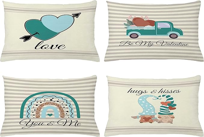 Ambesonne Romantic Throw Pillow CushiCase Pack 4, Love Hearts Arrow You Me Be My Valentine Hugs Kisses Lettering, Modern Accent Double-Sided Digital Printing, 20" x 12", Teal Ivory Pale Eggshell