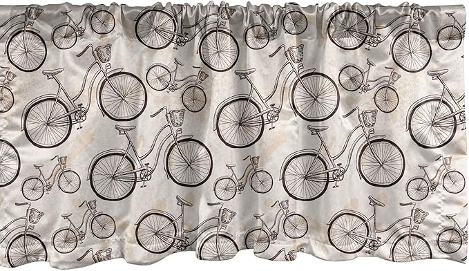 Lunarable Vintage Window Valance, Grunge Style Old Bicycles Hand Drawn on Paint Blots Strokes, Curtain Valance for Kitchen Bedroom Decor with Rod Pocket, 54" X 12", Eggshell Brown