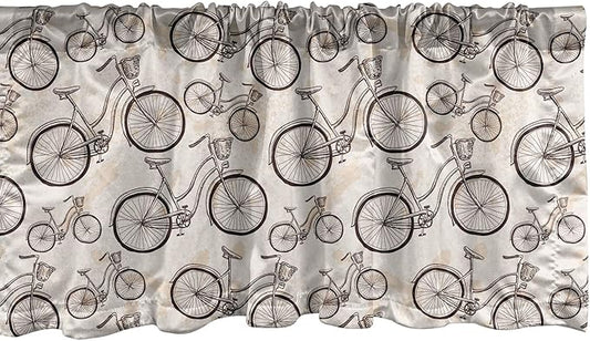 Lunarable Vintage Window Valance, Grunge Style Old Bicycles Hand Drawn on Paint Blots Strokes, Curtain Valance for Kitchen Bedroom Decor with Rod Pocket, 54" X 12", Eggshell Brown