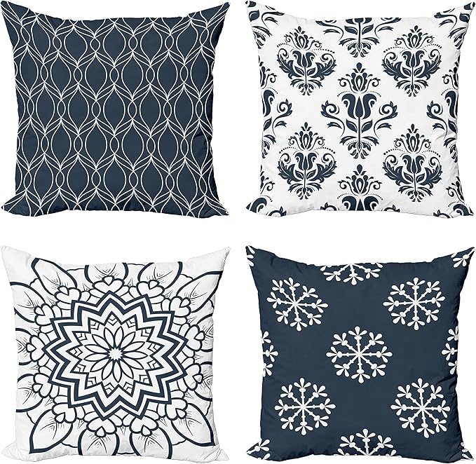 Ambesonne Retro Throw Pillow Cushion Case Pack of 4, Trellis Grid Medieval Floral Damask Mandala Flower Ornament in Modern Monochrome, Modern Accent Double-Sided Digital Printing, 20", Dark Slate Blue