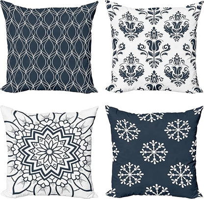Ambesonne Retro Throw Pillow Cushion Case Pack of 4, Trellis Grid Medieval Floral Damask Mandala Flower Ornament in Modern Monochrome, Modern Accent Double-Sided Digital Printing, 24", Dark Slate Blue