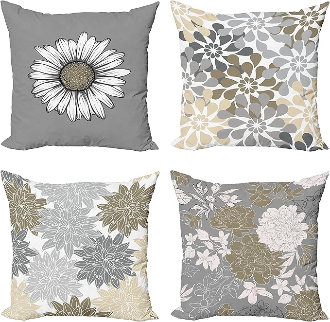 Ambesonne Floral Throw Pillow Cushion Case Pack of 4, Flower Petals Modern Color Palette Chamomile Peony Dahlia and Sunflower Print, Modern Accent Double-Sided Digital Printing, 20", Slate Brown Grey