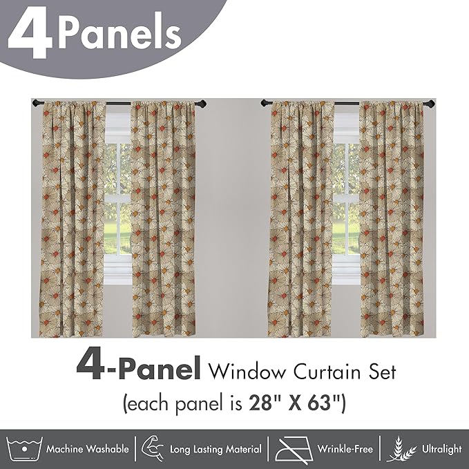 Ambesonne Vintage Window Curtains Pack of 2, Sketch Art Style Gerbera Daisies Abstract Flowers Autumn Garden Flourish, Lightweight Set with Rod Pocket, 4 Panels of - 28" x 63", Marigold Orange