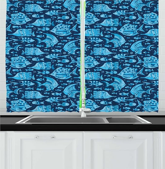 Lunarable Fish Kitchen Curtains, Monochrome Art Design Undersea Swimming Animals and Bubbles, Window Drapes 2 Panel Set for Kitchen Cafe Decor, 55" x 24", Night Blue Pale Sky Blue