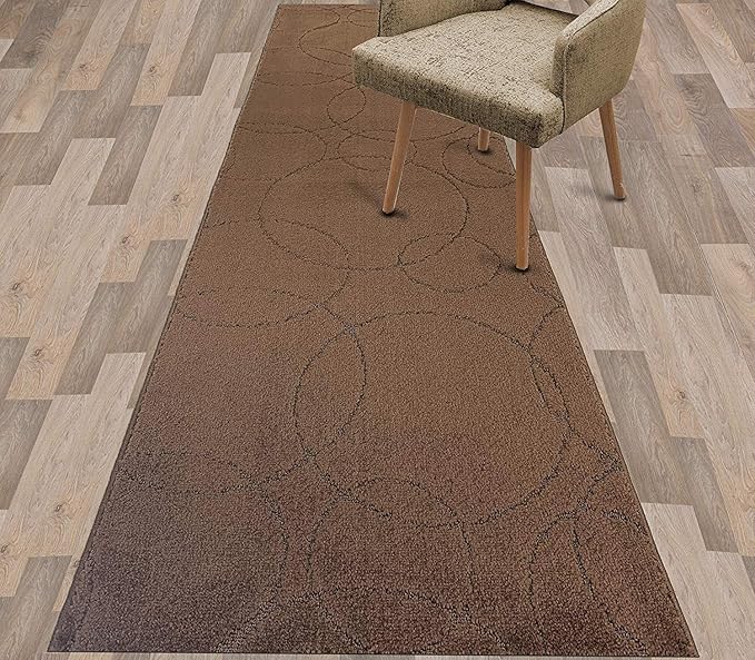 Custom Size Modern Geometric Pattern Carpet Runner Rug for Hallways, Slip Resistant Latex Rubber Backed, 31 inch Wide X Customized Length, Circles Brown, 31 inch X 22 feet