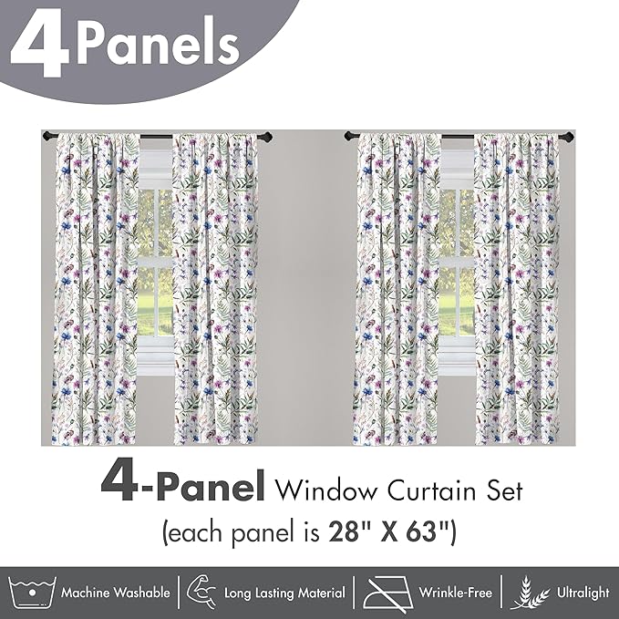 Ambesonne Thistle Window Curtains Pack of 2, Hand-Drawn Watercolor Style Summer Wildflowers Pattern as Cornflower and Thistle, Lightweight Set with Rod Pocket, 4 Panels of - 28" x 63", Green Blue