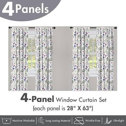 Ambesonne Thistle Window Curtains Pack of 2, Hand-Drawn Watercolor Style Summer Wildflowers Pattern as Cornflower and Thistle, Lightweight Set with Rod Pocket, 4 Panels of - 28" x 63", Green Blue
