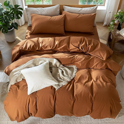 MooMee Bedding Duvet Cover Set 100% Washed Cotton Linen Like Textured Breathable Durable Soft Comfy (Solid Dark Orange, Super Queen 90"x98")