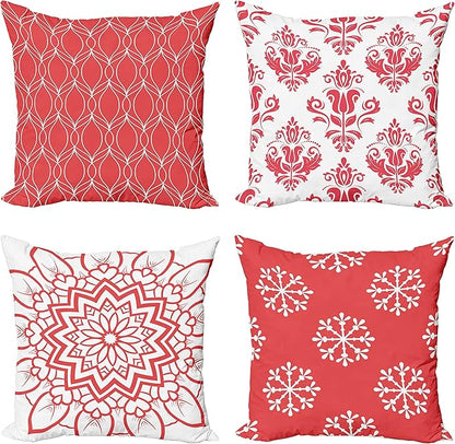 Ambesonne Retro Throw Pillow Cushion Case Pack of 4, Trellis Grid Medieval Floral Damask Mandala Flower Ornament in Modern Monochrome, Modern Accent Double-Sided Digital Printing, 16", Dark Coral
