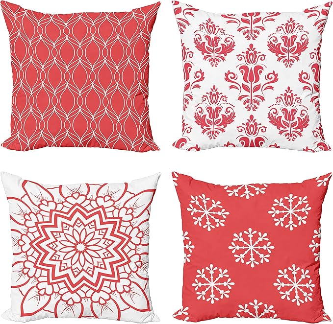 Ambesonne Retro Throw Pillow Cushion Case Pack of 4, Trellis Grid Medieval Floral Damask Mandala Flower Ornament in Modern Monochrome, Modern Accent Double-Sided Digital Printing, 24", Dark Coral