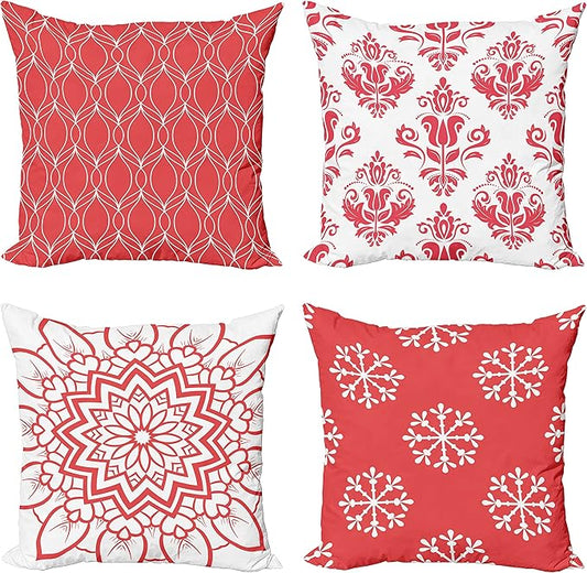 Ambesonne Retro Throw Pillow Cushion Case Pack of 4, Trellis Grid Medieval Floral Damask Mandala Flower Ornament in Modern Monochrome, Modern Accent Double-Sided Digital Printing, 24", Dark Coral