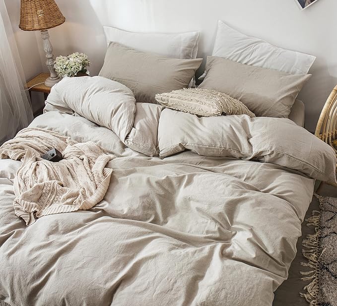 MooMee Bedding Duvet Cover Set 100% Washed Cotton Linen Like Textured Breathable Durable Soft Comfy (Heathered Tannish Linen Grey, King 104"x90")