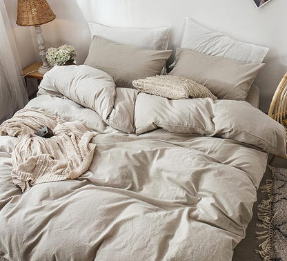 MooMee Bedding Duvet Cover Set 100% Washed Cotton Linen Like Textured Breathable Durable Soft Comfy (Heathered Tannish Linen Grey, Full 80"x90")
