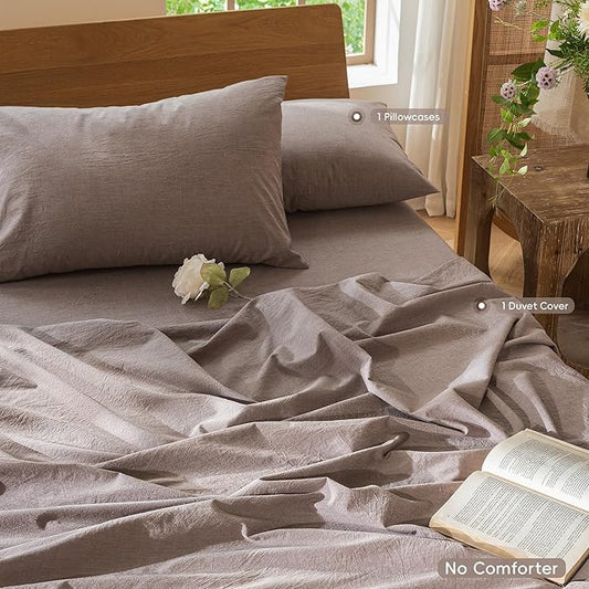MooMee Bedding Duvet Cover Set 100% Washed Cotton Linen Like Textured Breathable Durable Soft Comfy (Heathered Mauve Brown, Twin 68"x90")