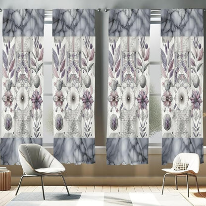 Ambesonne Geometric Floral Window Curtains Pack of 2, Classic Marble Print Ornate Leafy Flowers and Futurist Stripes, Lightweight Set with Rod Pocket, 4 Panels of - 28" x 63", Ceil Blue Laurel Green