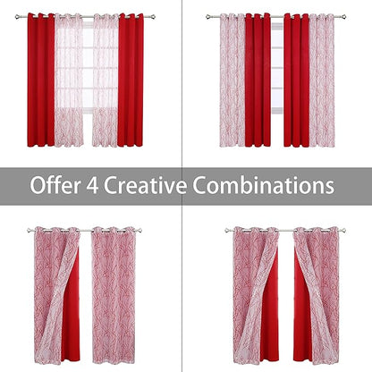 BONZER Mix and Match Curtains - 2 Pieces Branch Print Sheer Curtains and 2 Pieces Blackout Curtains for Bedroom Living Room Grommet Window Drapes, 37x95 Inch/Panel, Red, Set of 4 Panels