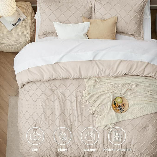 Bedsure King Comforter Set - Beige Comforter, Boho Tufted Shabby Chic Bedding for Kids, 3 Pieces Vintage Farmhouse Bed Set for All Seasons, Fluffy Soft Bedding with 2 Pillow Shams
