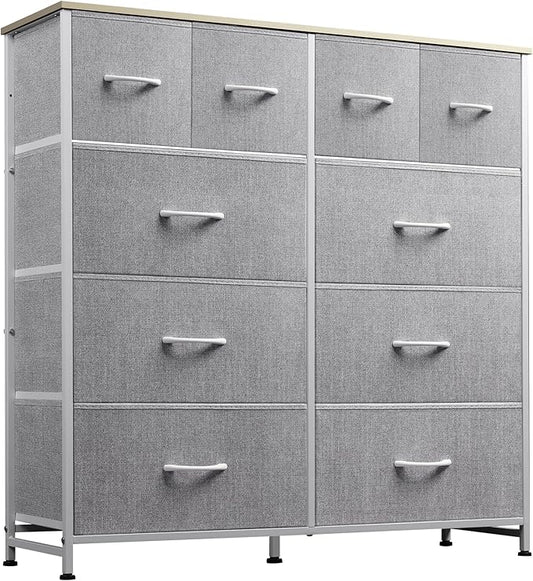 WLIVE Fabric Dresser for Bedroom, Dresser with 10 Drawers, Storage Tower with Fabric Bins, Double Dressers, Chest of Drawers for Closet, Living Room, Hallway, Light Grey