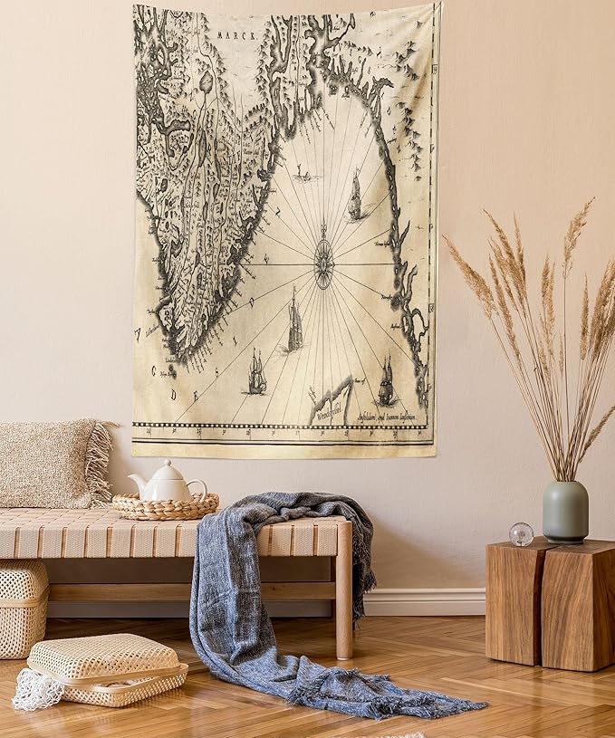 Lunarable World Map Tapestry Queen Size, Map of Southern Part of The Norway Vikings World Old Scandinavian Land, Wall Hanging Bedspread Bed Cover Wall Decor, Queen Size, Cream Grey