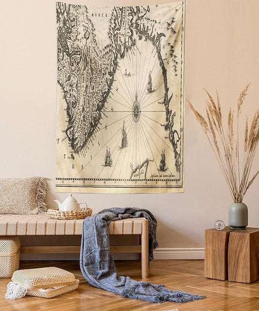 Lunarable World Map Tapestry Queen Size, Map of Southern Part of The Norway Vikings World Old Scandinavian Land, Wall Hanging Bedspread Bed Cover Wall Decor, Queen Size, Cream Grey