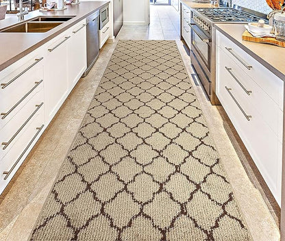 Custom Size Modern Runner Rug Carpet for Hallway Entryway Foyer Kitchen, Slip Resistant Latex Rubber Backed 31 inch Wide X Customized Length, Trellis Beige, 31 inch X 19 feet