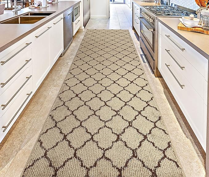 Custom Size Modern Runner Rug Carpet for Hallway Entryway Foyer Kitchen, Slip Resistant Latex Rubber Backed 31 inch Wide X Customized Length, Trellis Beige, 31 inch X 17 feet