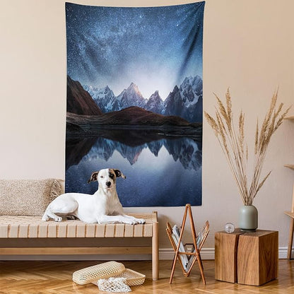 Lunarable Star Tapestry Queen Size, Night Sky with Milky Way Over a Mountain Landscape Lake Cosmos Galaxy Scenery Universe, Wall Hanging Bedspread Bed Cover Wall Decor, Queen Size, Brown Blue