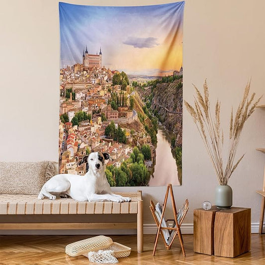 Ambesonne Scenery Tapestry, Toledo Spain Old City Over The Tagus River Downtown Castle Architecture, Wall Hanging for Bedroom Living Room Dorm Decor, 40" X 60", Apricot Cream Green