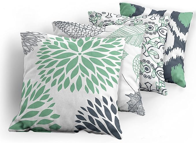 Ambesonne Vintage Throw Pillow Cushion Case Pack of 4, Bohemian Ornamental Leaves Dahlia Pattern Geometric Art Curlicue Motif, Modern Accent Double-Sided Digital Printing, 18", Dark Blue and Sea Green