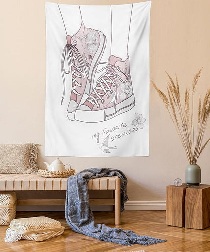 Lunarable Cartoon Tapestry, Shoes with Floral Pattern Teenage Girls Sneakers Flowers Birds Retro Urban, Wall Hanging for Bedroom Living Room Dorm Decor, 60" X 80", Rose White