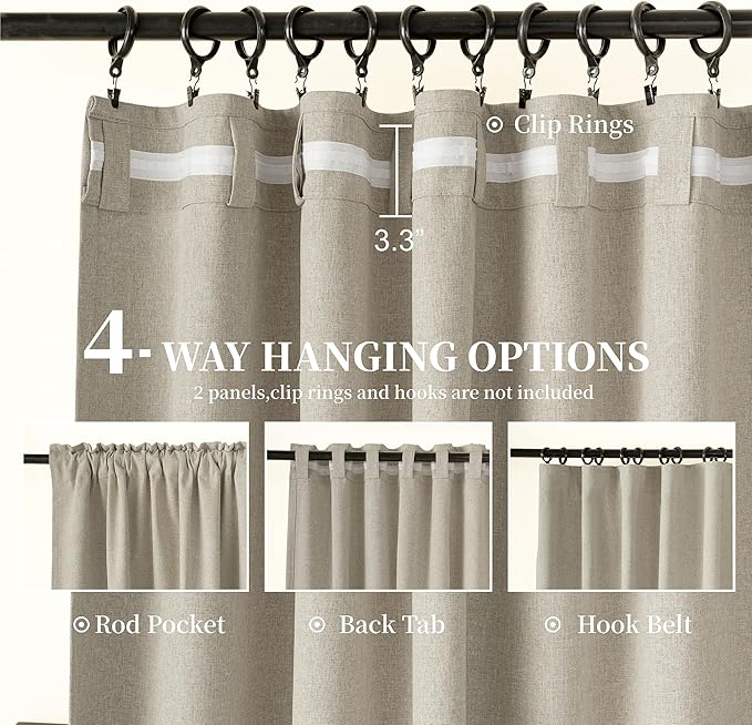 KangBang Extra Wide Black Out Linen Curtains for Sliding Glass Door, Blackout Patio Door Curtains Back Tab Hook Belt Rustic Drapery Panels, Room Darkening Window Drapes with Hooks for Track, 72x96