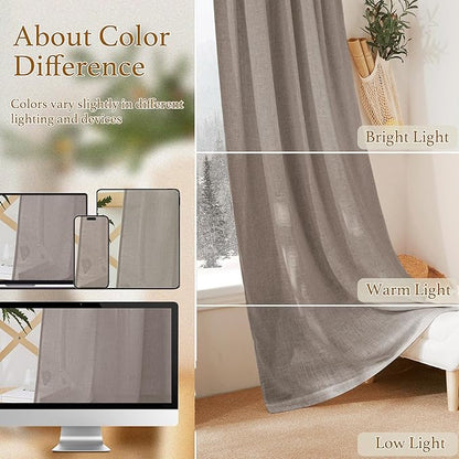 RYB HOME Privacy Sheer Curtains for Living Room, Linen Textured Semi Sheer for Bedroom Window Treatment Panels Light Glare Filtering, Birch Brown, Width 52 x Length 90 per Panel, 1 Pair