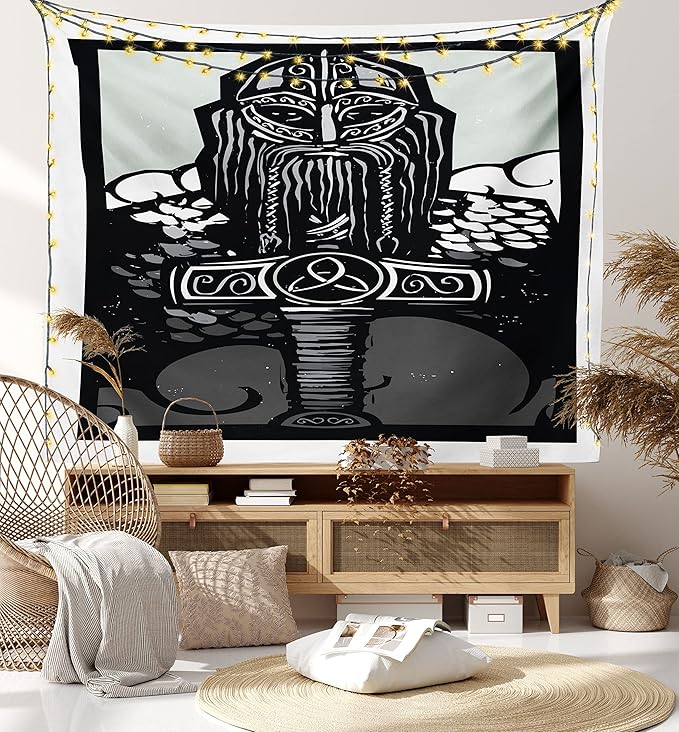 Lunarable Viking Tapestry Twin Size, Thor Son of Odin Monochrome Design Guardian of Asgard Scandinavian Culture, Wall Hanging Bedspread Bed Cover Wall Decor, Twin Size, Black White