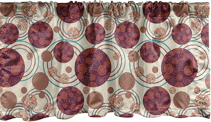 Lunarable Geometric Circle Window Valance, Ring Spherical Disco Balls Dot and Stripes Swirls Display Print, Curtain Valance for Kitchen Bedroom Decor with Rod Pocket, 54" X 18", Maroon Beige