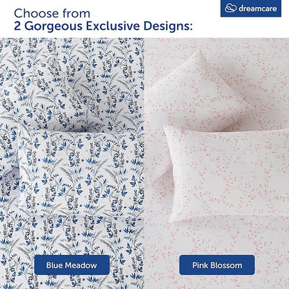 DREAMCARE King Size Floral Sheets - 4pc King Bed Set - Cooling & Soft Long Lasting - Floral Blue